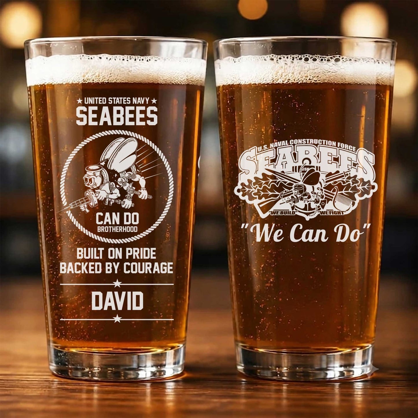 Custom Name US Navy Seabees Brotherhood 16oz Pint Beer Glass