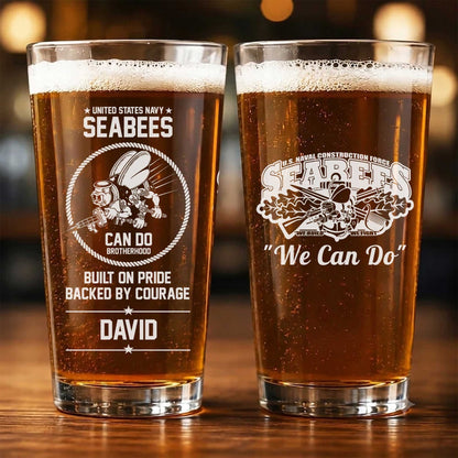 Custom Name US Navy Seabees Brotherhood 16oz Pint Beer Glass