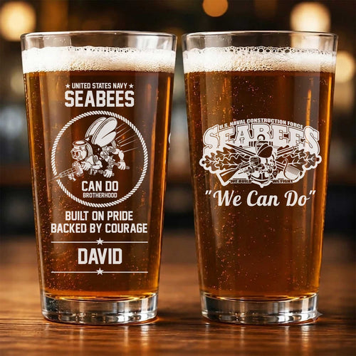 Custom Name US Navy Seabees Brotherhood 16oz Pint Beer Glass