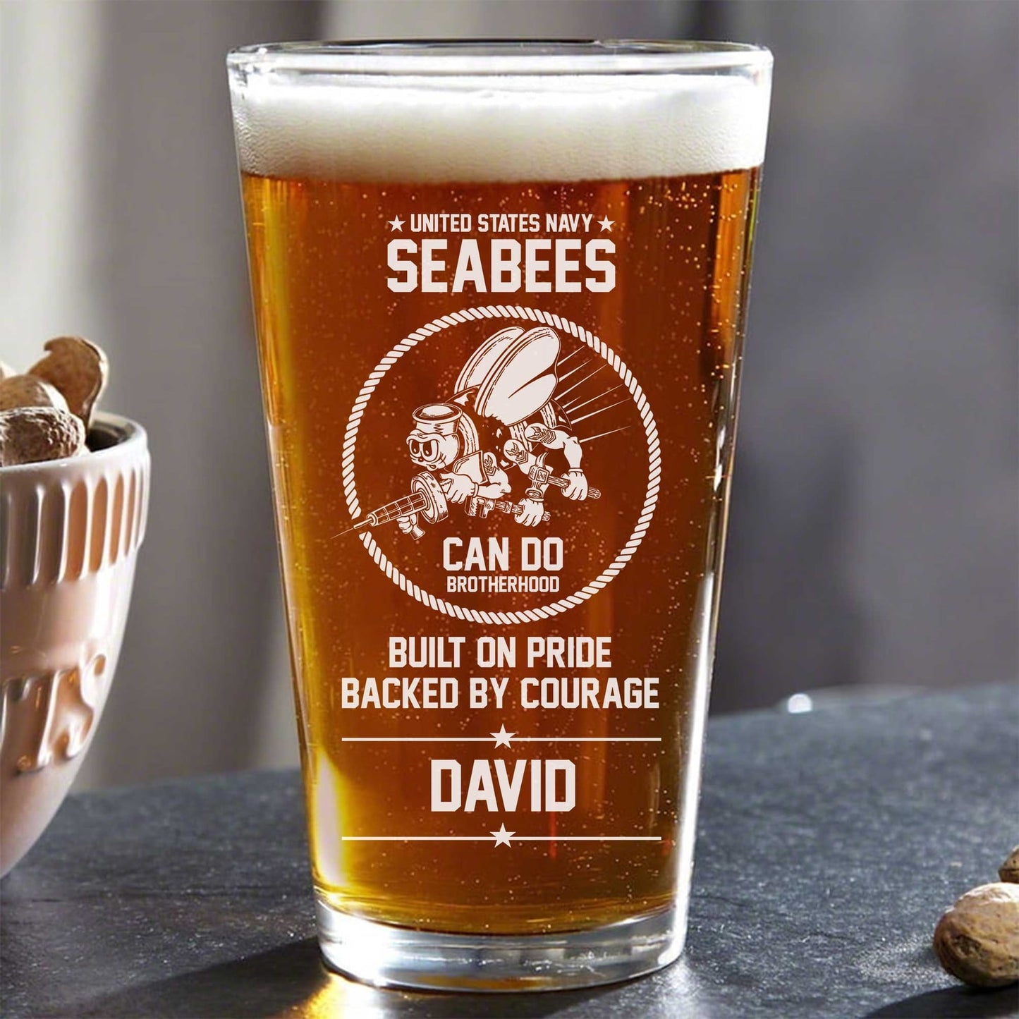 Custom Name US Navy Seabees Brotherhood 16oz Pint Beer Glass
