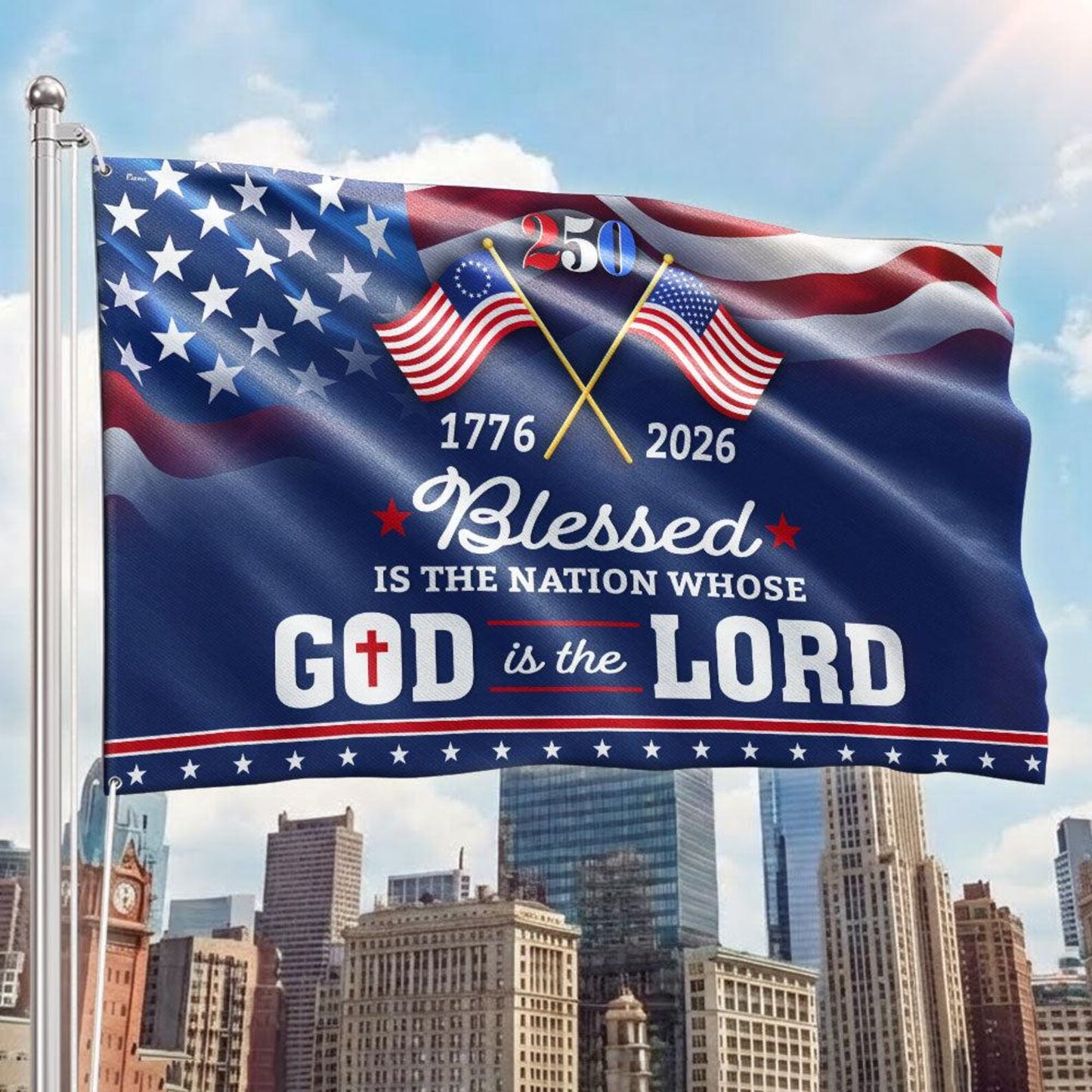 250 Years of America Blessed Is the Nation Flag, 1776-2026 Patriotic Grommet Flag